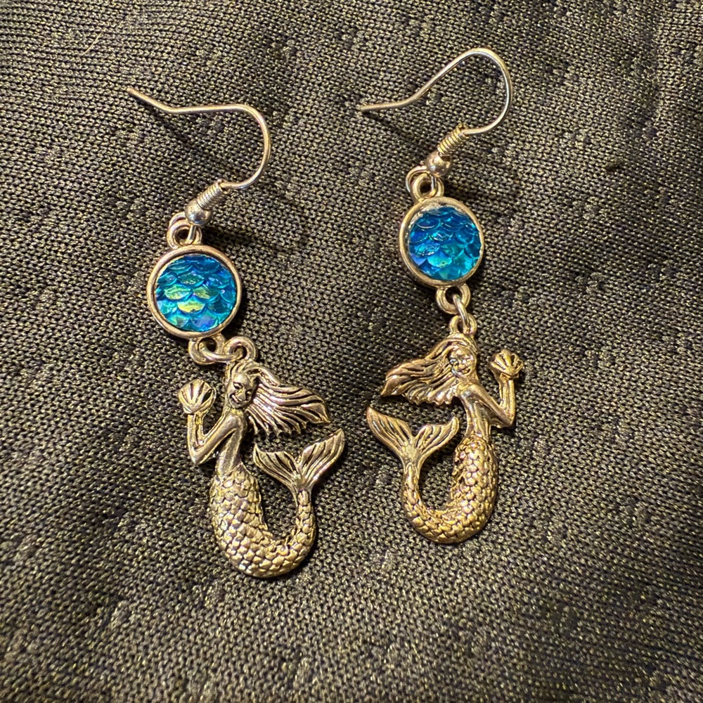 Mermaid Dangle Earrings with Blue Accents
